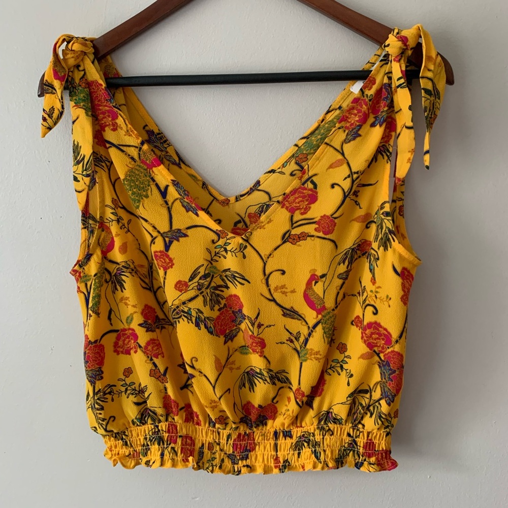 NEW Rose & Olive Mustard Tie Crop Blouse Lightweight Floral Peacock Size Medium